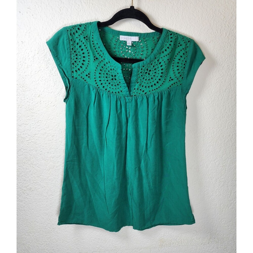 Pale Sky Stitch Fix Top Women XS Green Eyelet Embroidered Cap Sleeve Boho Blouse